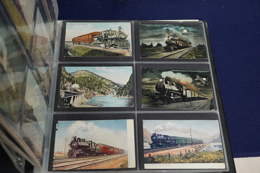 A collection of early 20th century railway related postcards, contained within two modern postcard albums, mainly pre-grouping railway companies including; the GWR, the LNWR, the Caledonian Railway, the Great North of Sc